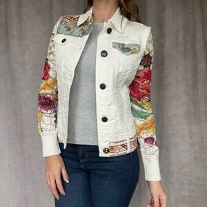 Floral Knit Sleeve White Denim Jacket by Desigual. - Size 36 / Small, Colorful!